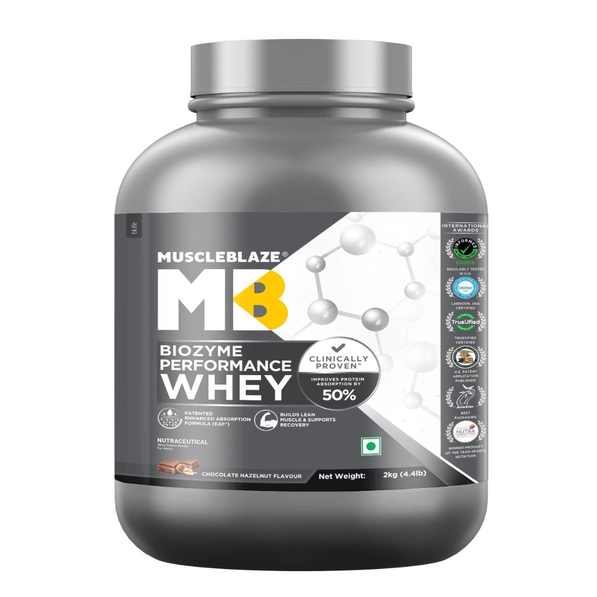 MuscleBlaze MB Biozyme Performance Whey 2kg | 56 Servings | Chocolate Hazelnut Flavour | Muscle Gain