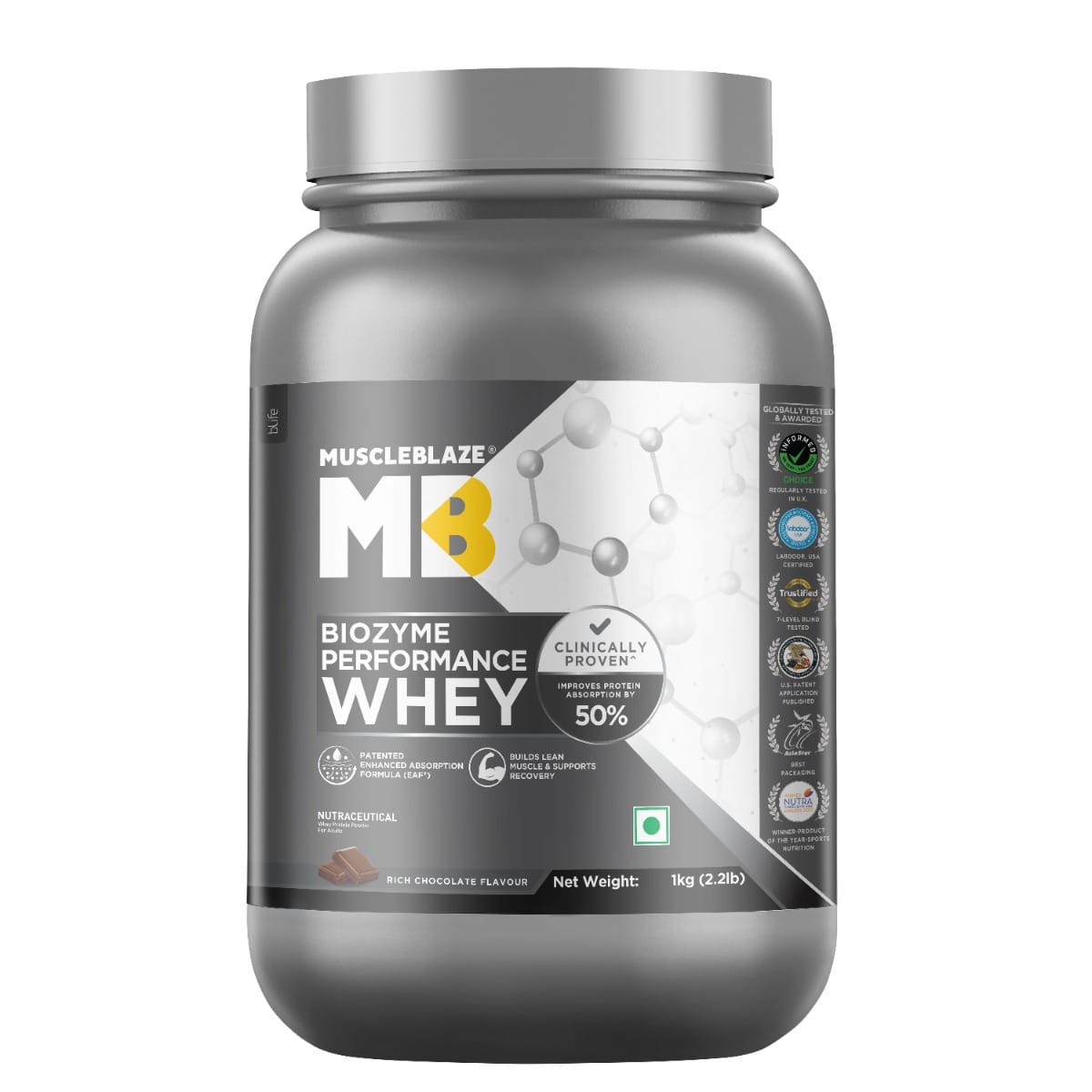 MuscleBlaze MB Biozyme Performance Whey 1kg | 28 Serving | Chocolate Hazelnut Flavour | Muscle Gain