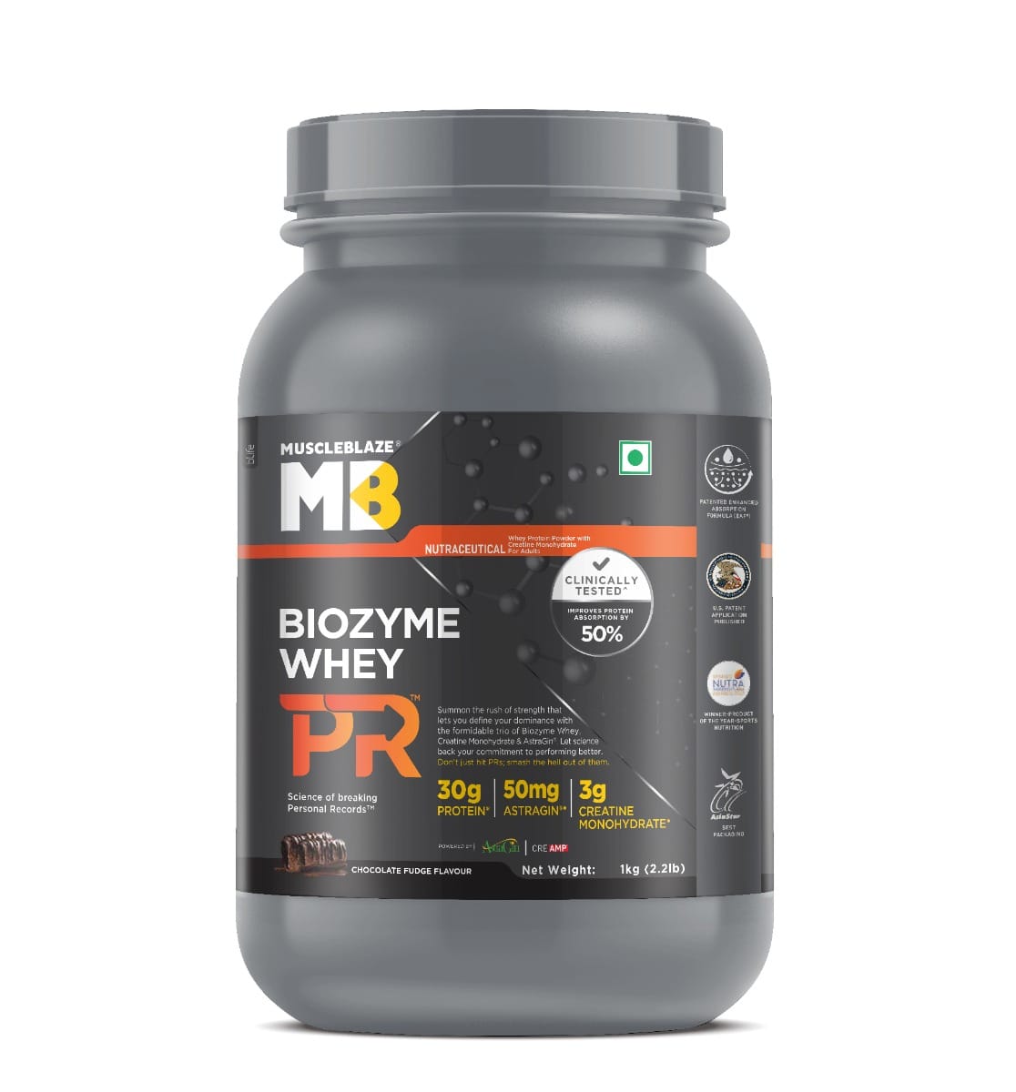 MuscleBlaze Biozyme Performance Whey Protein PR (Chocolate Fudge, 1 kg / 2.2 lb) with 30 g Protein, 3 g Creatine Monohydrate & 50 mg AstraGinÂ®, Clinically Tested 50% Higher Protein Absorpti