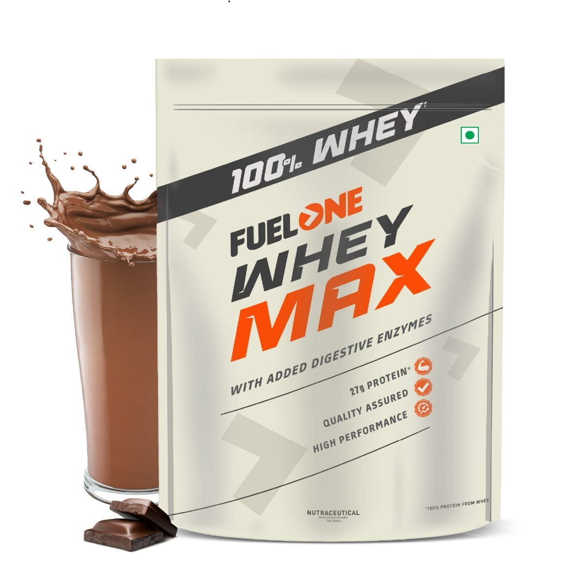 Fuel One Whey Protein Max Pouch Pack, Whey Protein Concentrate & Whey Protein Isolate, 27 g Protein, 5.96 g BCAAs & 4.7 g Glutamic Acid Per Scoop (Chocolate, 1 kg / 2.2 lb)