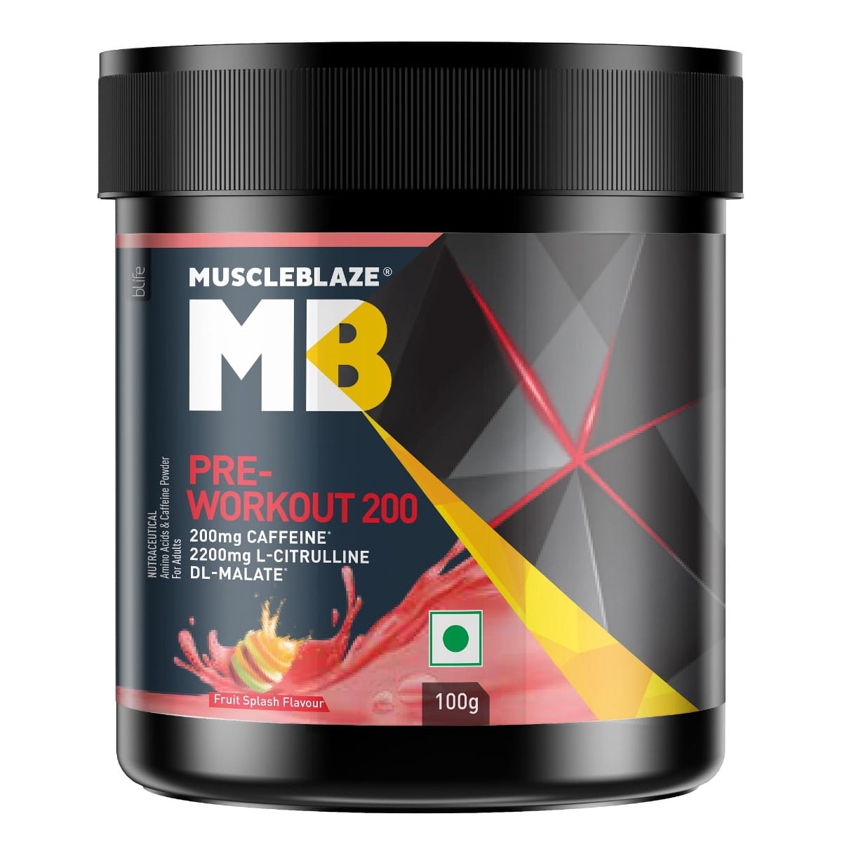 MuscleBlaze MB Pre Workout 200 100g | 20 servings | Fruit Splash Flavour | Energy | Focus | Enhanced Pump