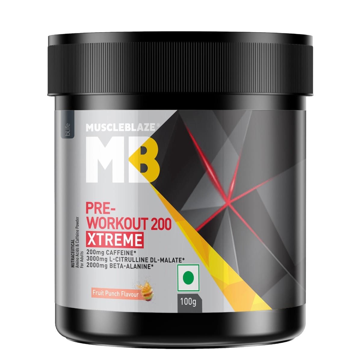 MuscleBlaze Pre Workout 200 Xtreme, 200mg Caffeine, 200mg Theanine, 2000mg Beta Alanine, 3000mg Citrulline (Fruit Punch, 200 g, 30 Servings)