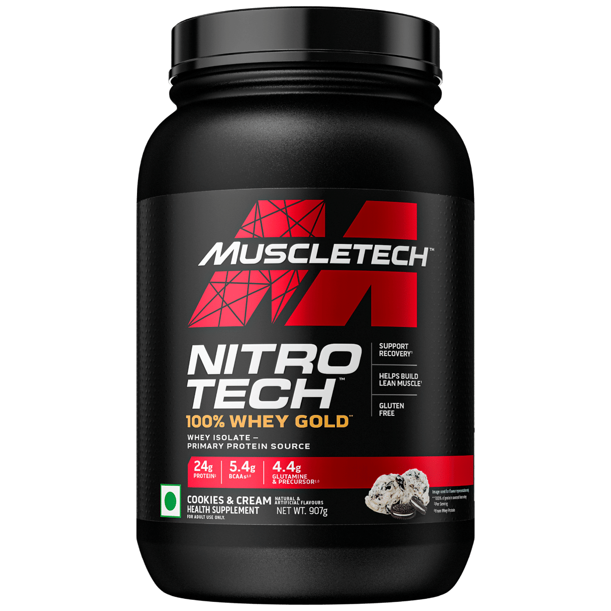 MuscleTech Nitro-Tech Whey Gold Protein Powder | 24 g Protein & 5.4 g BCAAs Per Serving | Supports Lean Muscle & Faster Recovery |  Cookies & Cream | 907 g