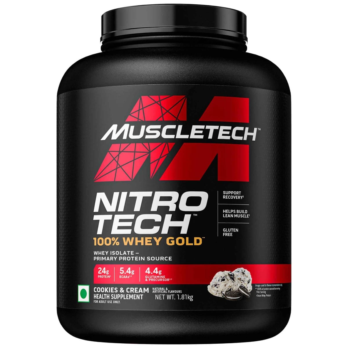 MuscleTech Nitro-Tech Whey Gold Protein Powder | 24 g Protein & 5.4 g BCAAs Per Serving | Supports Lean Muscle & Faster Recovery |  Cookies & Cream | 1.8 kg