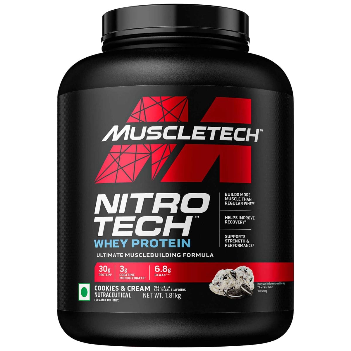 MuscleTech Nitrotech Whey Protein 1.81kg | 40 Serving | 30g Protein | Cookies and Cream Flavour | Muscle | Recovery | Strength