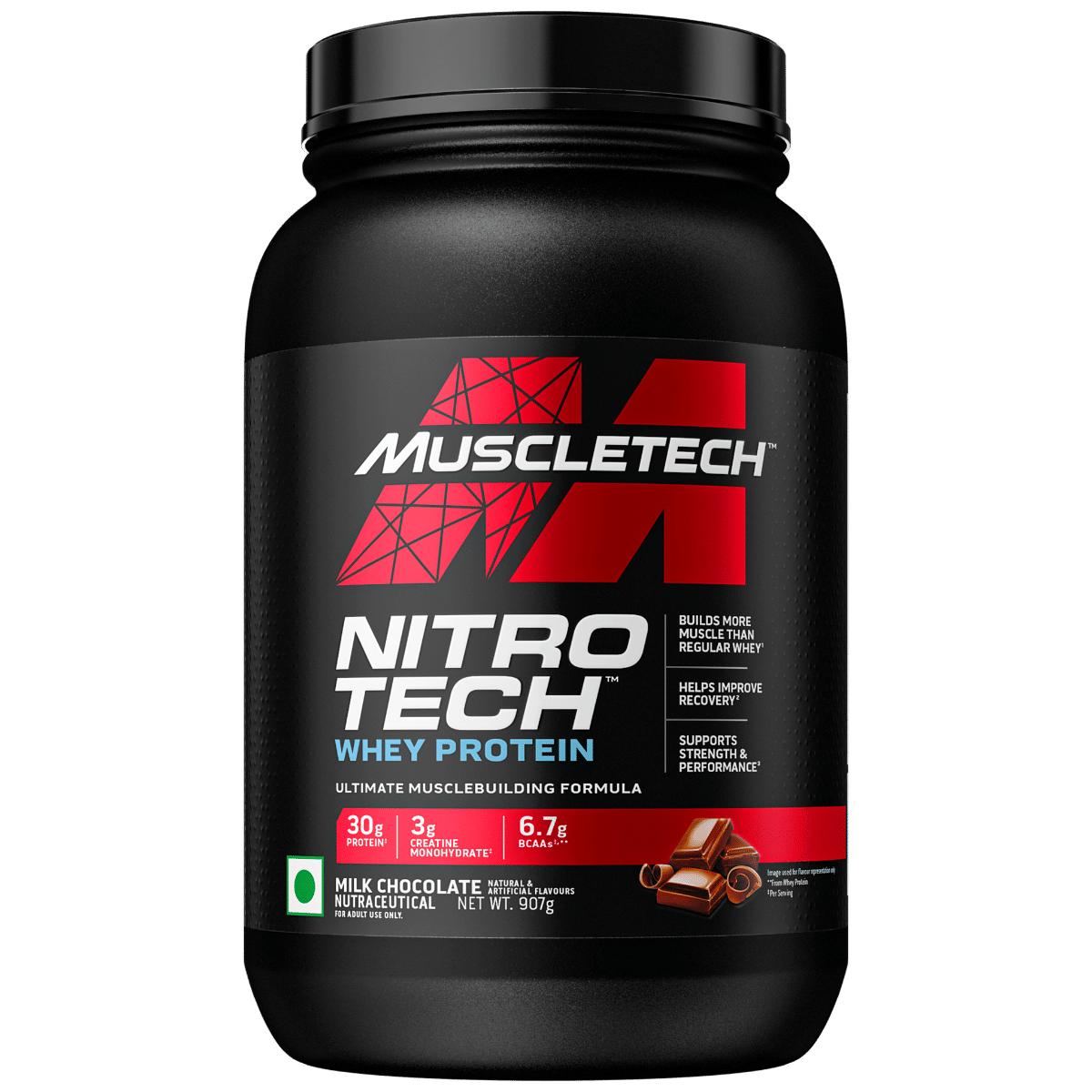 MuscleTech Nitro-Tech Whey Protein, 907g (2lbs), Milk Chocolate, 30g Protein, 3g creatine monohydrate, 6.7g BCAA, ultimate muscle building formula, increase strength &amp; performance