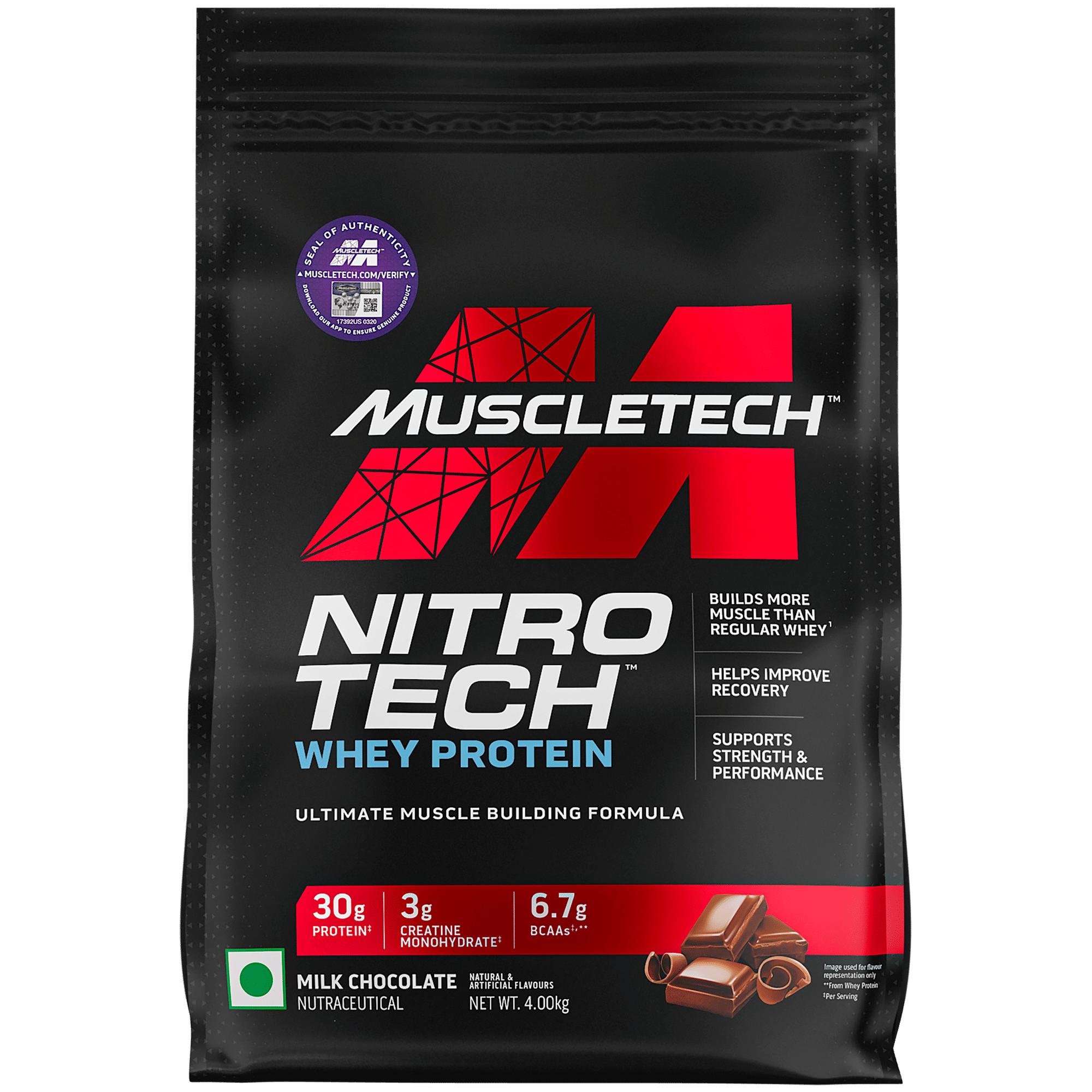 MuscleTech Nitrotech Whey Protein Powder 4kg | 89 Serving |  30g Protein | Milk Chocolate Flavour | Muscle | Recovery | Strength