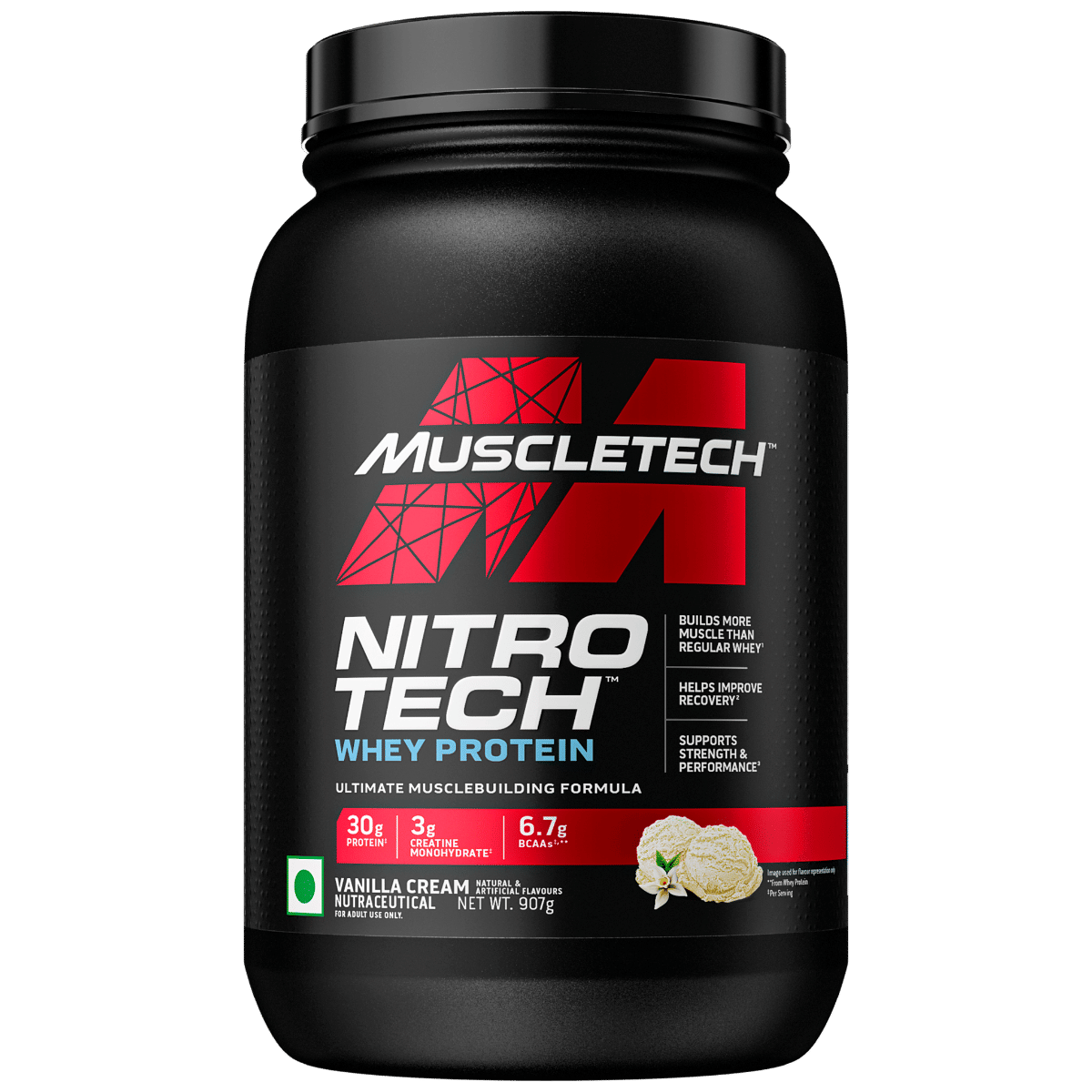 MuscleTech Nitrotech Whey Protein 907g | 20 Serving | 30g Protein | Vanilla Cream Flavour | Muscle | Recovery | Strength