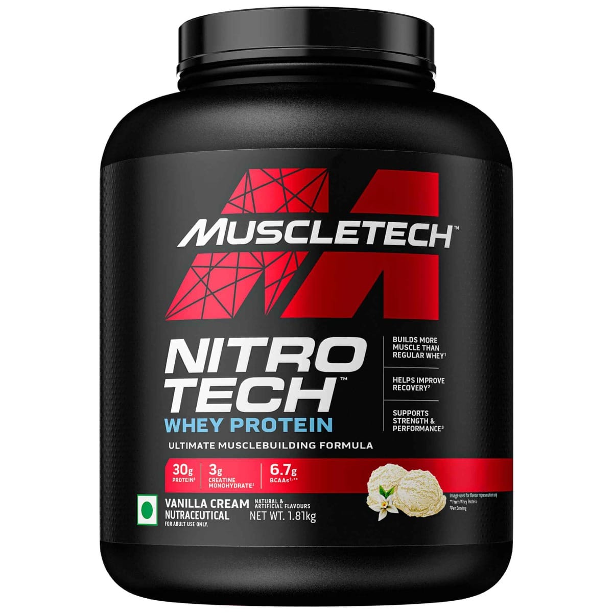 MuscleTech Nitrotech Whey Protein 1.81kg | 40 Serving | 30g Protein | Vanilla Cream Flavour | Muscle | Recovery | Strength