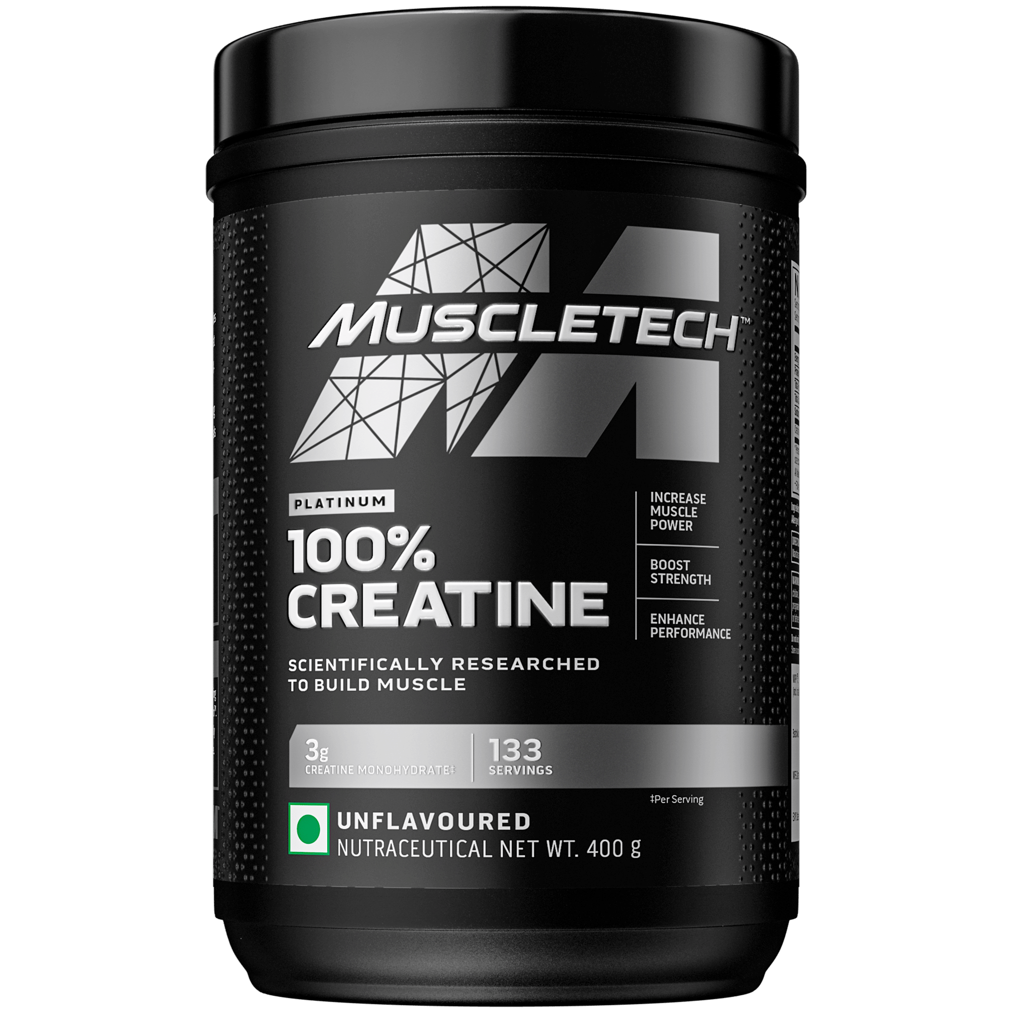 MuscleTech Platinum Creatine Monohydrate Powder | 3 g Creatine Per Serving | Supports Strength, Power & Muscle Recovery | Unflavoured | 33 Servings (400 g)