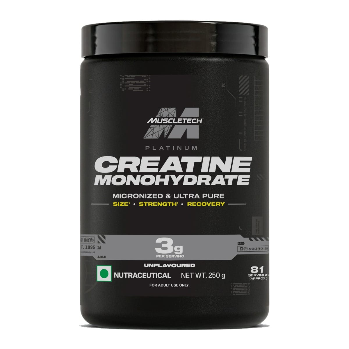 MuscleTech Platinum Creatine Monohydrate Powder | 3 g Creatine Per Serving | Supports Strength, Power & Muscle Recovery | Unflavoured | 83 Servings (250 g)