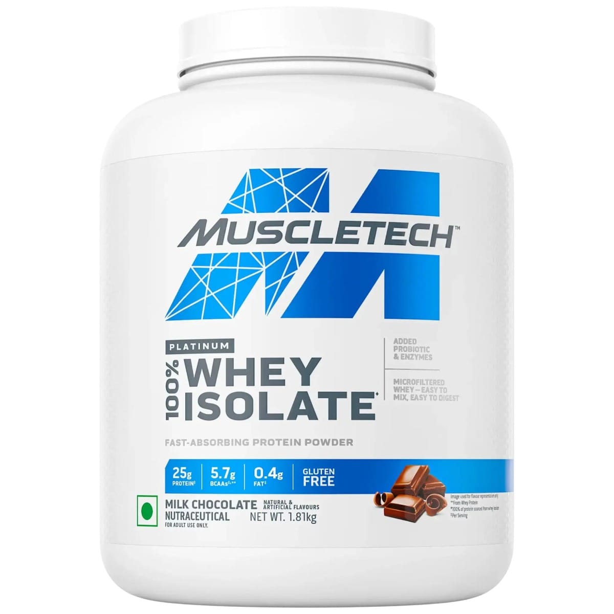 MuscleTech Platinum Whey Isolate, Protein Powder for Muscle Gain, 25g Protein + 5.7g BCAA, Milk Chocolate, 4lb, 1.8kg