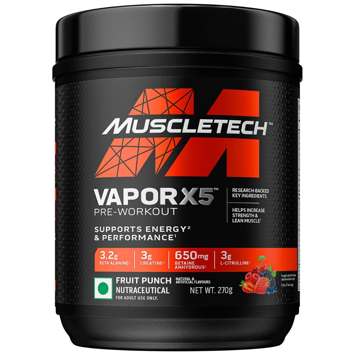 MuscleTech Vapor X5 Pre Workout Powder Support Energy and Performance with Creatine Monohydrate, Beta Alanine, L-Citrulline & Caffeine - Fruit Punch Blast, 30 Servings, 270g