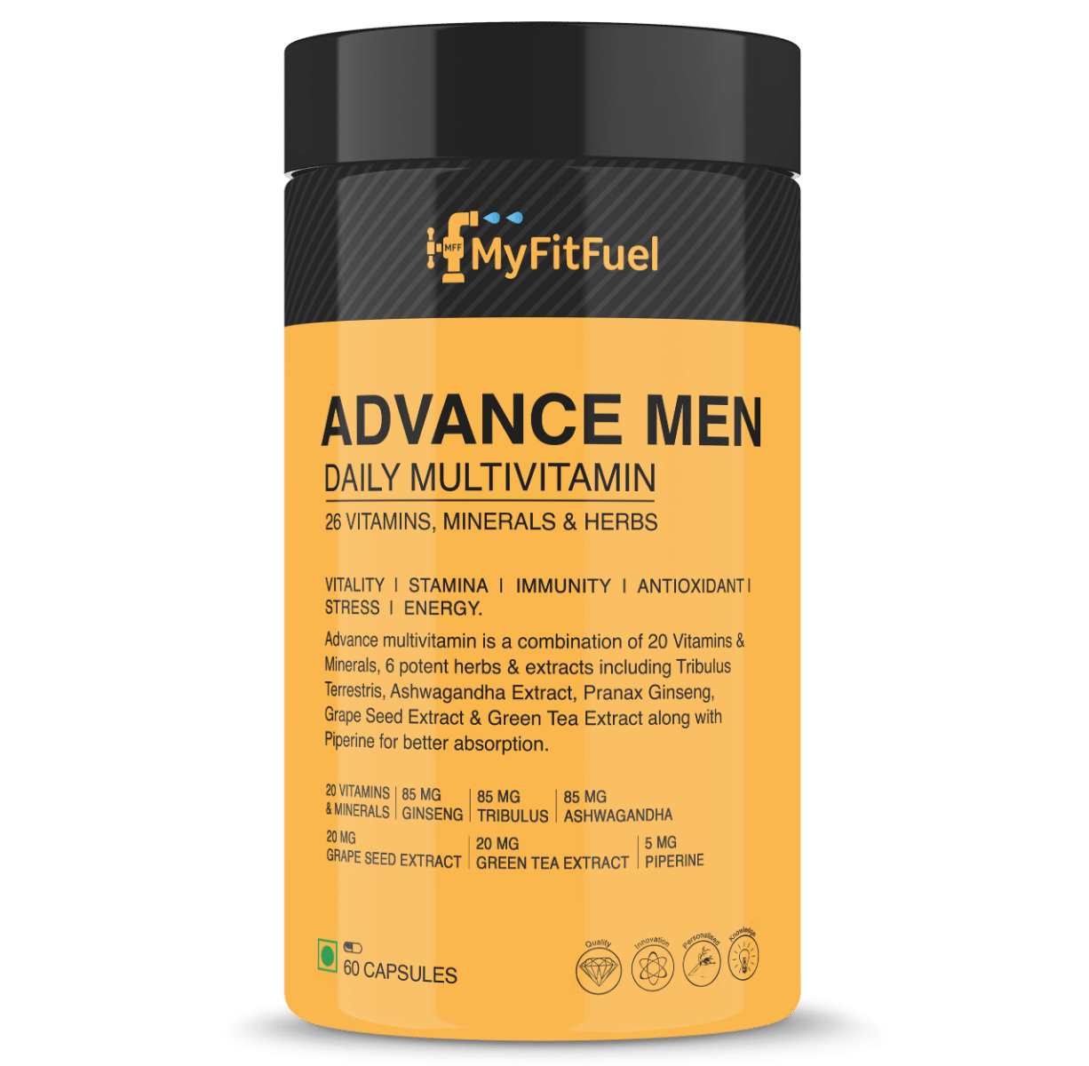MyFitFuel Men Advance Daily Multivitamin (26 Vitamins, Minerals, Herbs, Extracts & Piperine 95%), 60 Capsules