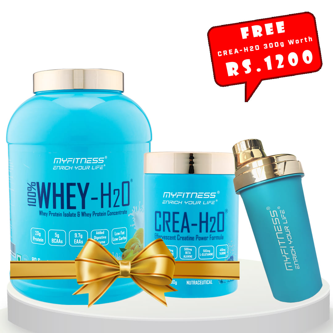 MYFITNESS 100% WHEY-H2O Mango Kulfi + MYFITNESS CREA-H2O 30 Servings Blue Raspberry + FREE SHAKER BOTTLE 650ml