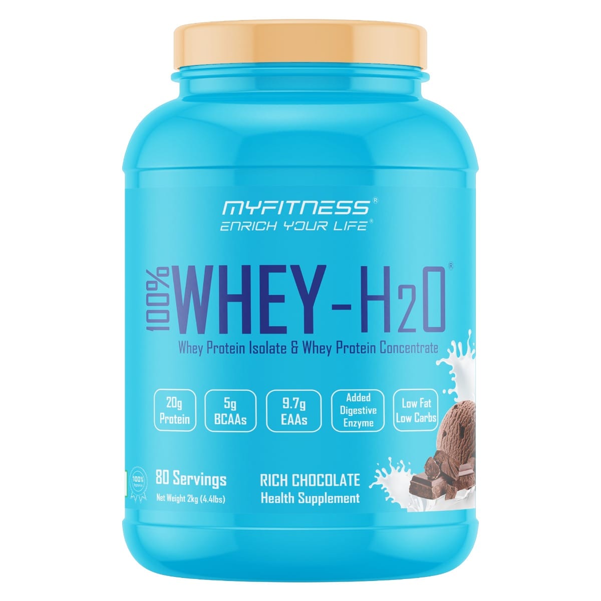MYFITNESS ® 100% WHEY-H2O 80 Servings |Whey Protein Powder| Whey Protein Isolate First Source Whey Protein Concentrate Second Source|80% Protein Per Serving| 5g BCAA| 9.7g EAA| Added Digesti