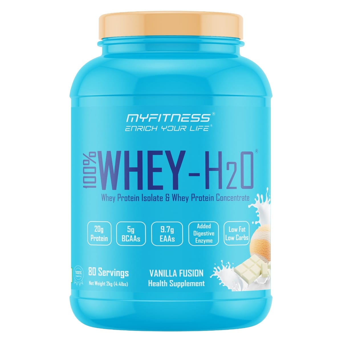 MYFITNESS ® 100% WHEY-H2O 80 Servings |Whey Protein Powder| Whey Protein Isolate First Source Whey Protein Concentrate Second Source|80% Protein Per Serving| 5g BCAA| 9.7g EAA| Added Digesti