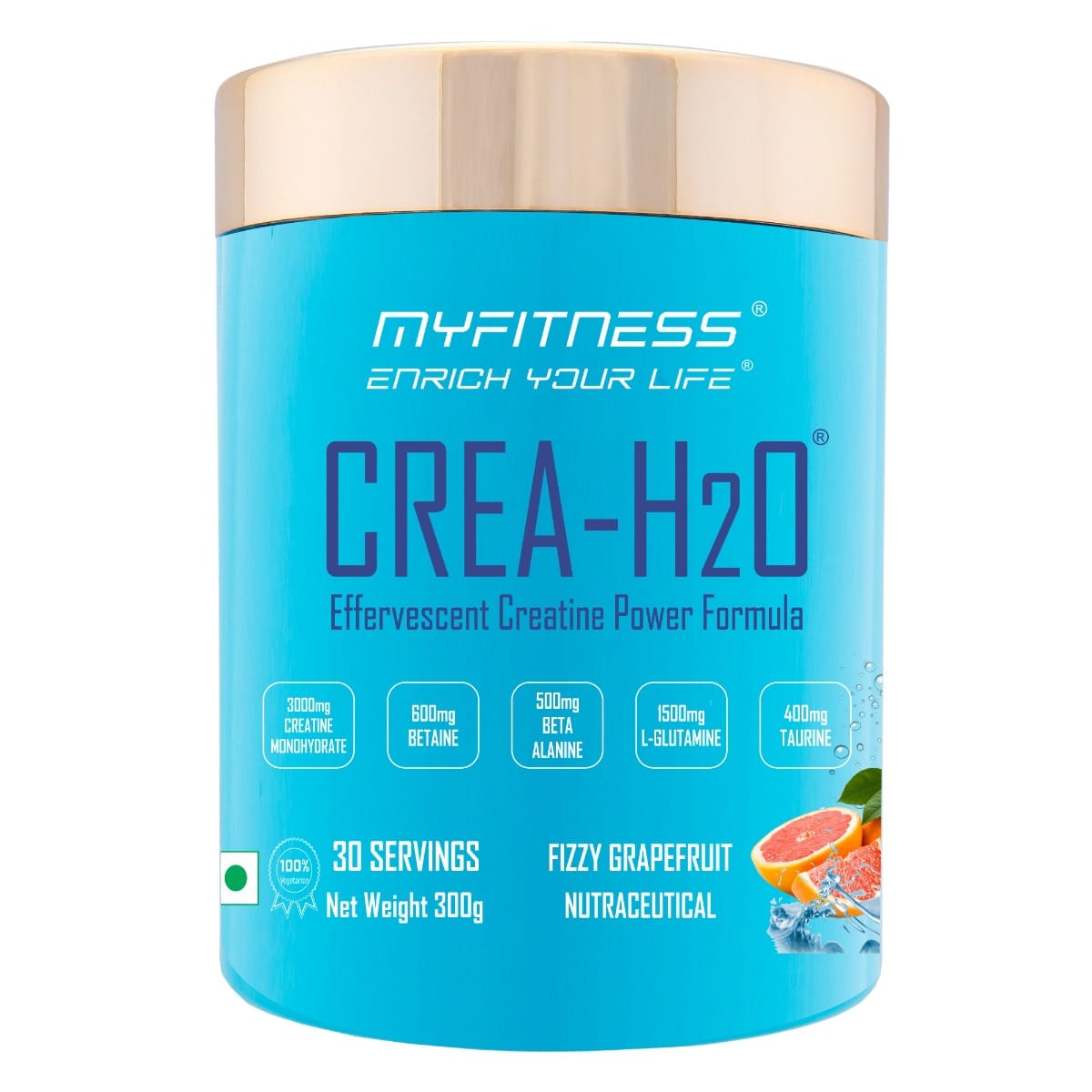 MYFITNESS ® CREA-H2O Creatine Monohydrate 30 Servings| 3000mg Creatine Monohydrate|600mg Betaine|500mg Beta Alanine|500mg L-Glutamine|600mg Electrolyte Blend|FizzyGrapefruit| 300gms