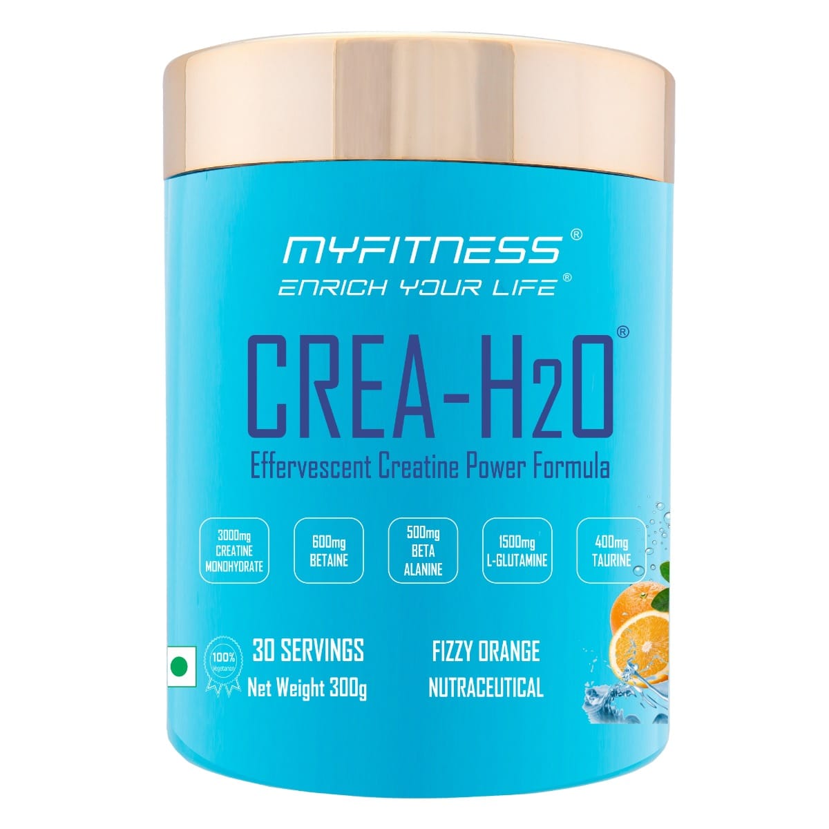 MYFITNESS ® CREA-H2O Creatine Monohydrate 30 Servings| 3000mg Creatine Monohydrate|600mg Betaine|500mg Beta Alanine|500mg L-Glutamine|600mg Electrolyte Blend|Fizzy Orange| 300gms