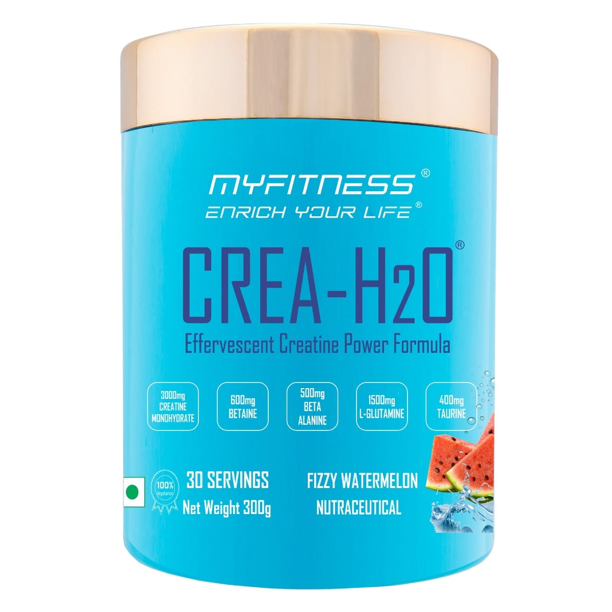 MYFITNESS ® CREA-H2O Creatine Monohydrate 30 Servings| 3000mg Creatine Monohydrate|600mg Betaine|500mg Beta Alanine|500mg L-Glutamine|600mg Electrolyte Blend|Fizzy Watermelon| 300gms