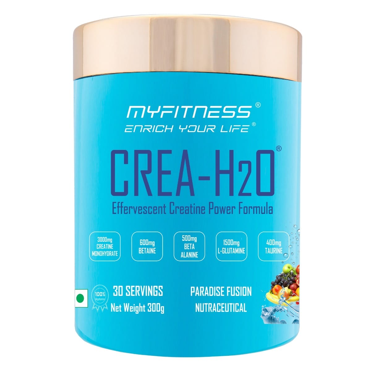 MYFITNESS ® CREA-H2O Creatine Monohydrate 30 Servings| 3000mg Creatine Monohydrate|600mg Betaine|500mg Beta Alanine|500mg L-Glutamine|600mg Electrolyte Blend|Fizzy Paradise Fusion| 300gms