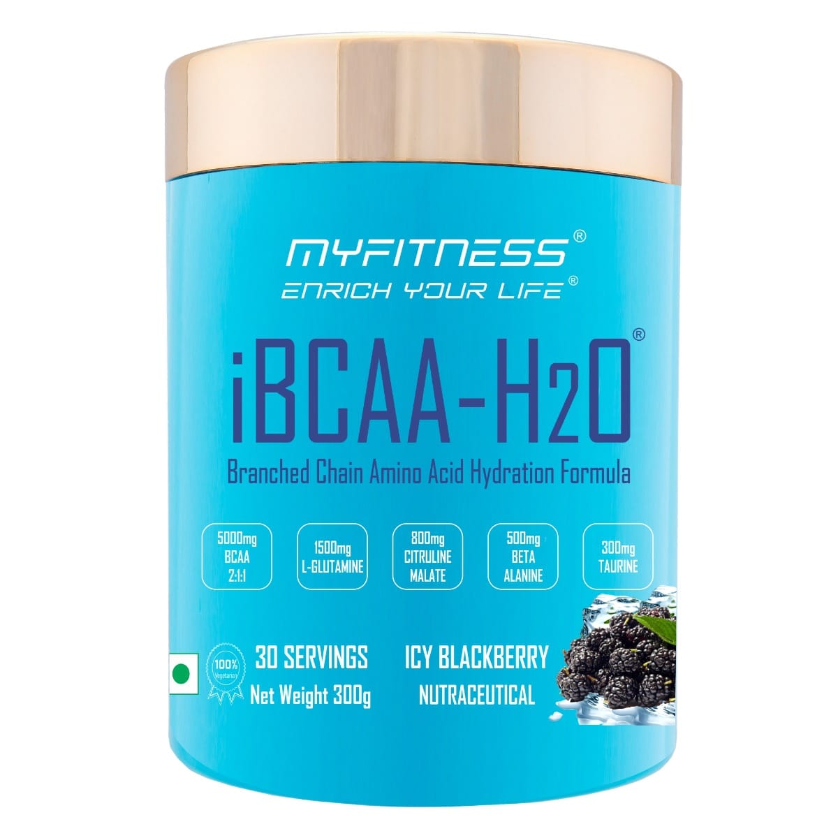 MYFITNESS ® iBCAA-H2O BCAA 30 Servings|5000mg BCAA 2:1:1| 1500mg L-Glutamine|800mg Citruline Malate| 500mg Beta Alanine|300mg Taurine| 850mg Electrolyte Blend | Icy Blackberry| 300gms