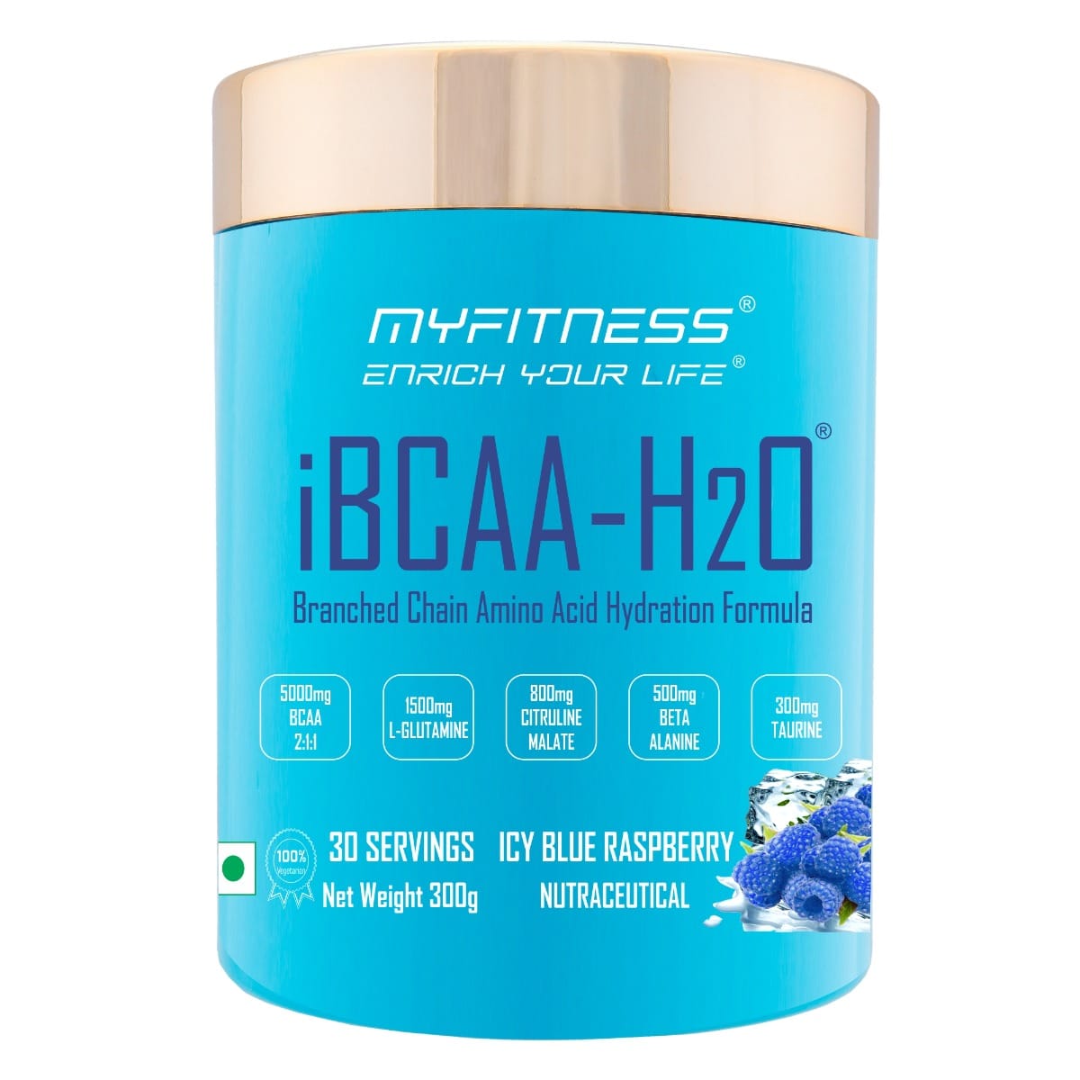 MYFITNESS ® iBCAA-H2O BCAA 30 Servings|5000mg BCAA 2:1:1| 1500mg L-Glutamine|800mg Citruline Malate| 500mg Beta Alanine|300mg Taurine| 850mg Electrolyte Blend |Icy Blue Raspberry| 300gms
