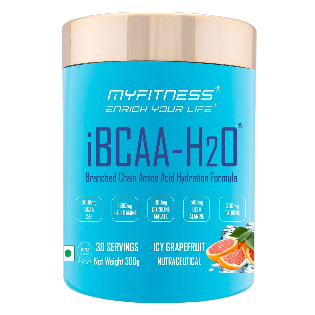 MYFITNESS ® iBCAA-H2O BCAA 30 Servings|5000mg BCAA 2:1:1| 1500mg L-Glutamine|800mg Citruline Malate| 500mg Beta Alanine|300mg Taurine| 850mg Electrolyte Blend | Icy Grapefruit| 300gms