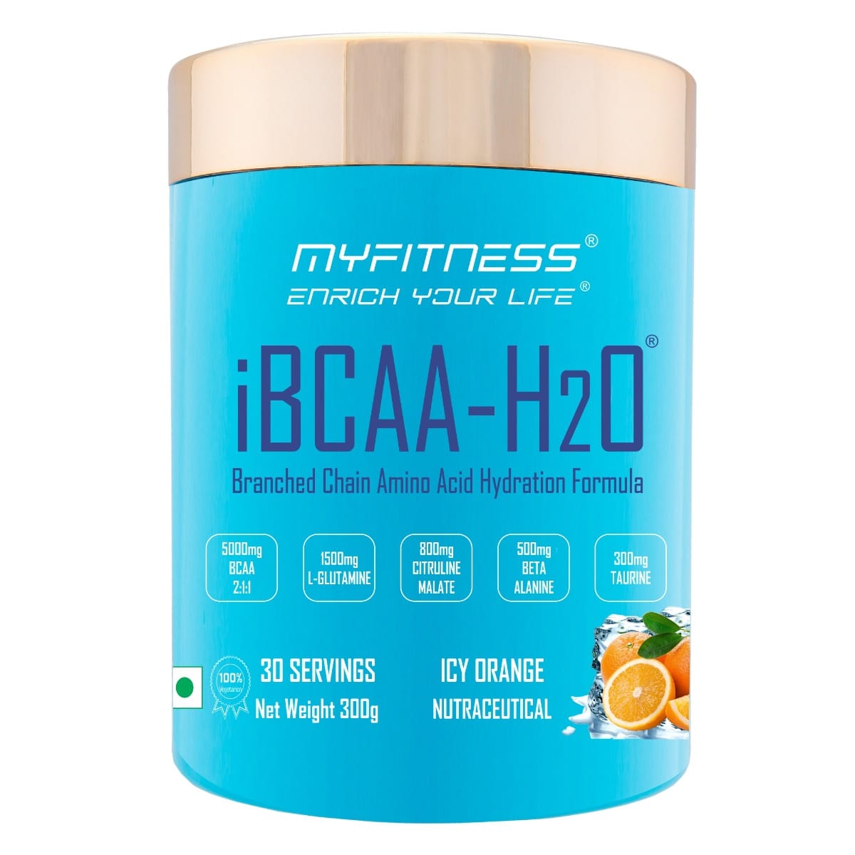 MYFITNESS ® iBCAA-H2O BCAA 30 Servings|5000mg BCAA 2:1:1| 1500mg L-Glutamine|800mg Citruline Malate| 500mg Beta Alanine|300mg Taurine| 850mg Electrolyte Blend | Icy Orange| 300gms