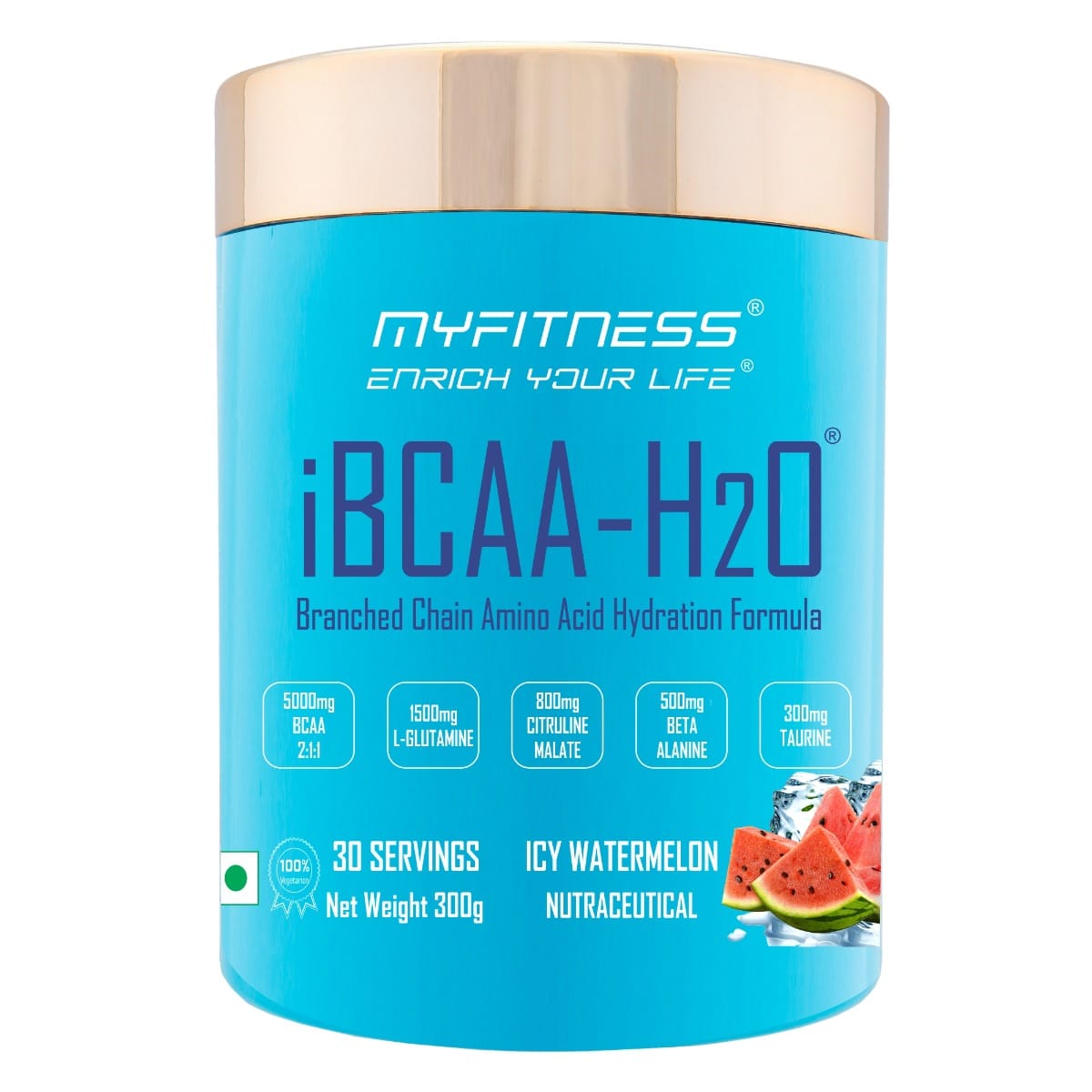MYFITNESS ® iBCAA-H2O BCAA 30 Servings|5000mg BCAA 2:1:1| 1500mg L-Glutamine|800mg Citruline Malate| 500mg Beta Alanine|300mg Taurine| 850mg Electrolyte Blend | Icy Watermelon| 300gms