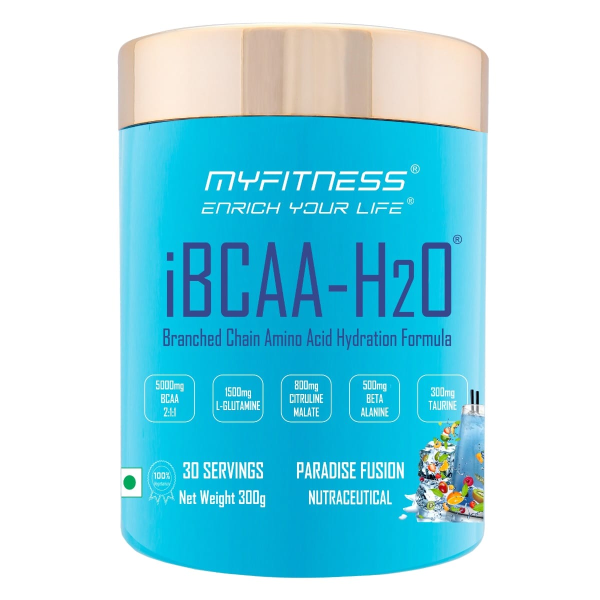 MYFITNESS ® iBCAA-H2O BCAA 30 Servings|5000mg BCAA 2:1:1| 1500mg L-Glutamine|800mg Citruline Malate| 500mg Beta Alanine|300mg Taurine| 850mg Electrolyte Blend |Paradise Fusion| 300gms