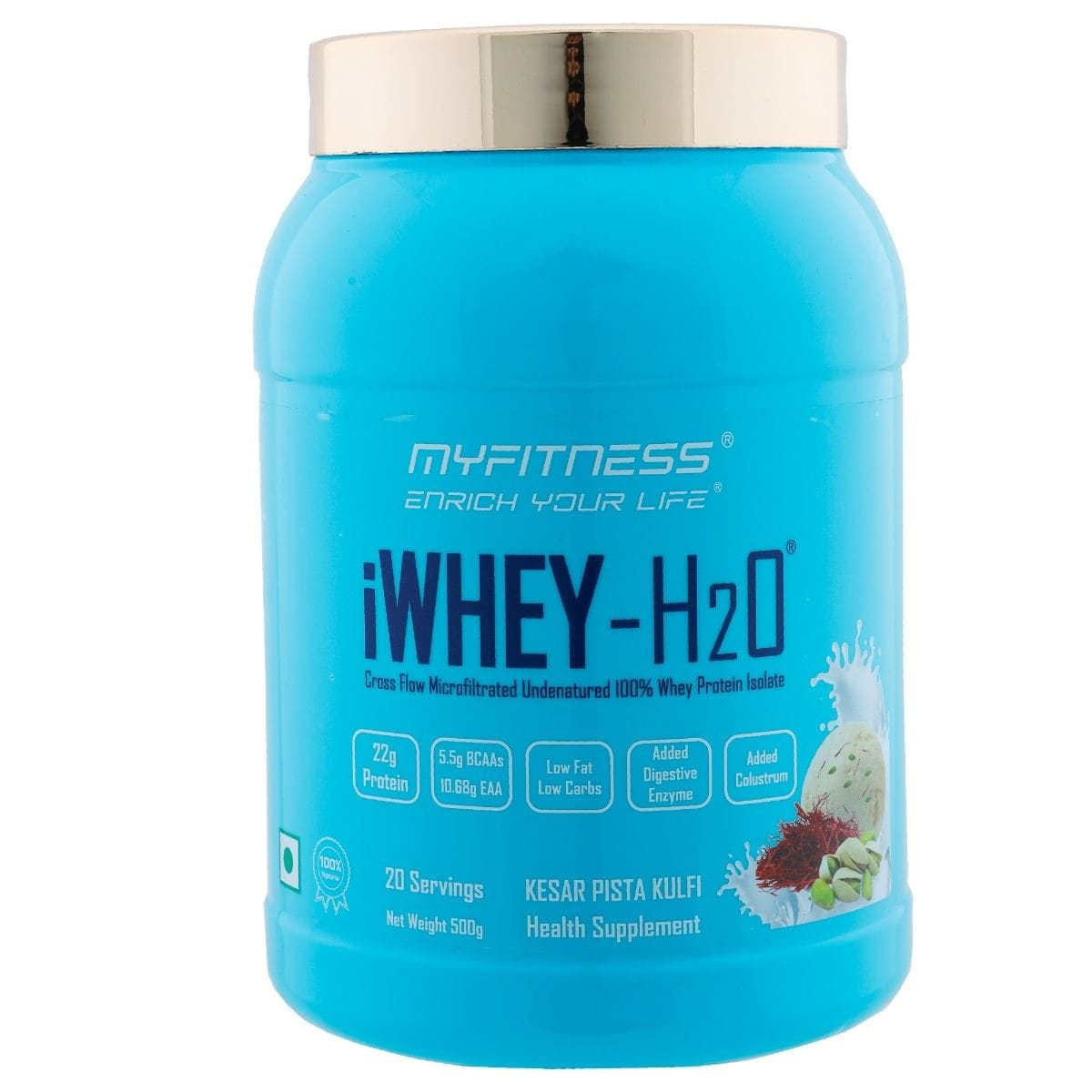 MYFITNESS ® iWHEY- H2O 40 Servings|Whey Protein Isolate| 88% Premium Whey Protein Isolate Per Serving|5.5g BCAA| 10.68g EAA| Added Digestive Enzyme|Added Colostrum |Low Fat Low Carbs|1000gms