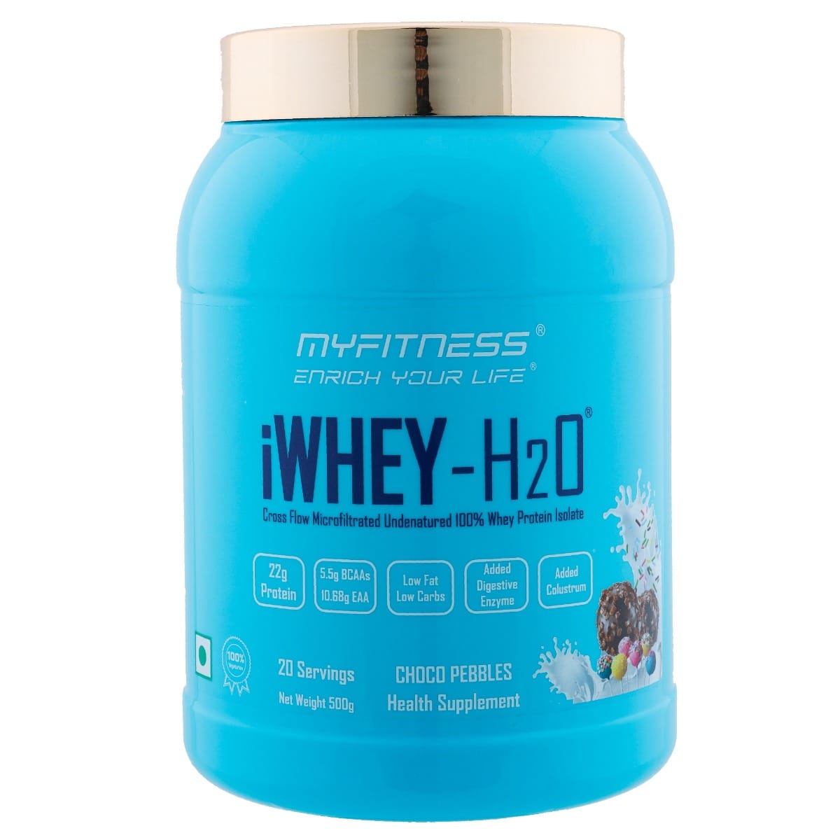 MYFITNESS ® iWHEY- H2O 20 Servings|Whey Protein Isolate| 88% Premium Whey Protein Isolate Per Serving|5.5g BCAA| 10.68g EAA| Added Digestive Enzyme|Added Colostrum |Low Fat Low Carbs|500gms