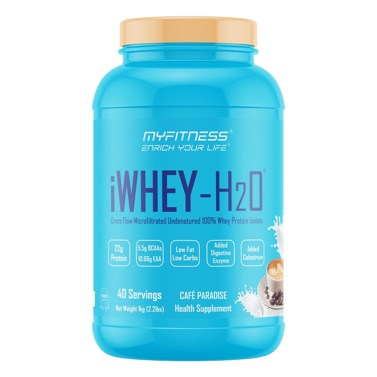 MYFITNESS ® iWHEY- H2O 40 Servings|Whey Protein Isolate| 88% Premium Whey Protein Isolate Per Serving|5.5g BCAA| 10.68g EAA| Added Digestive Enzyme|Added Colostrum |Low Fat Low Carbs|Cafe Pa