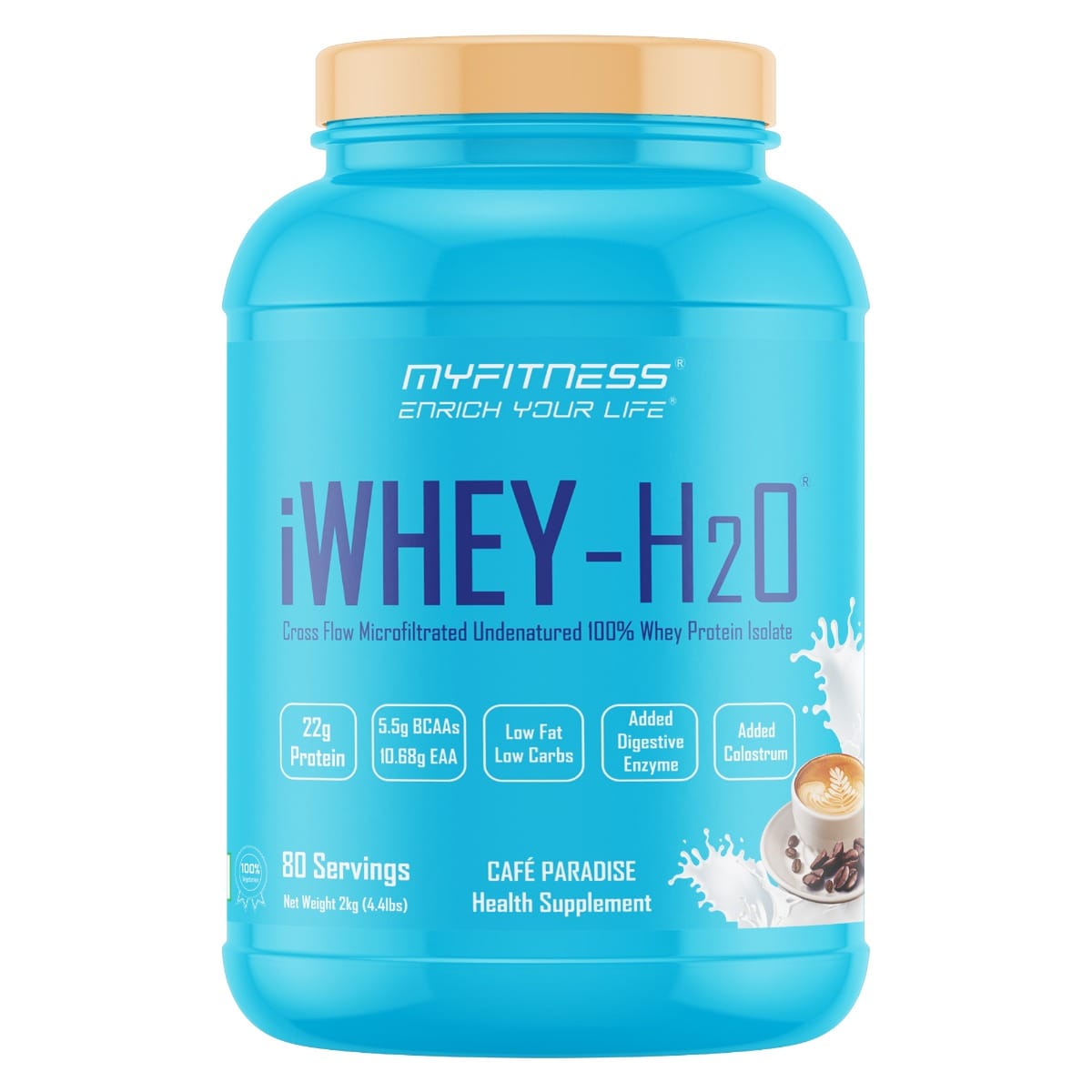 MYFITNESS ® iWHEY- H2O 80 Servings|Whey Protein Isolate| 88% Premium Whey Protein Isolate Per Serving|5.5g BCAA| 10.68g EAA| Added Digestive Enzyme|Added Colostrum |Low Fat Low Carbs|Cafe Pa