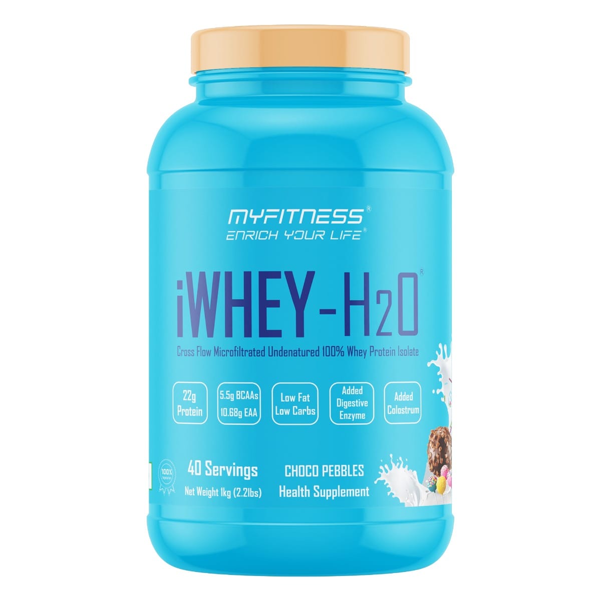 MYFITNESS ® iWHEY- H2O 40 Servings|Whey Protein Isolate| 88% Premium Whey Protein Isolate Per Serving|5.5g BCAA| 10.68g EAA| Added Digestive Enzyme|Added Colostrum |Low Fat Low Carbs|Choco P