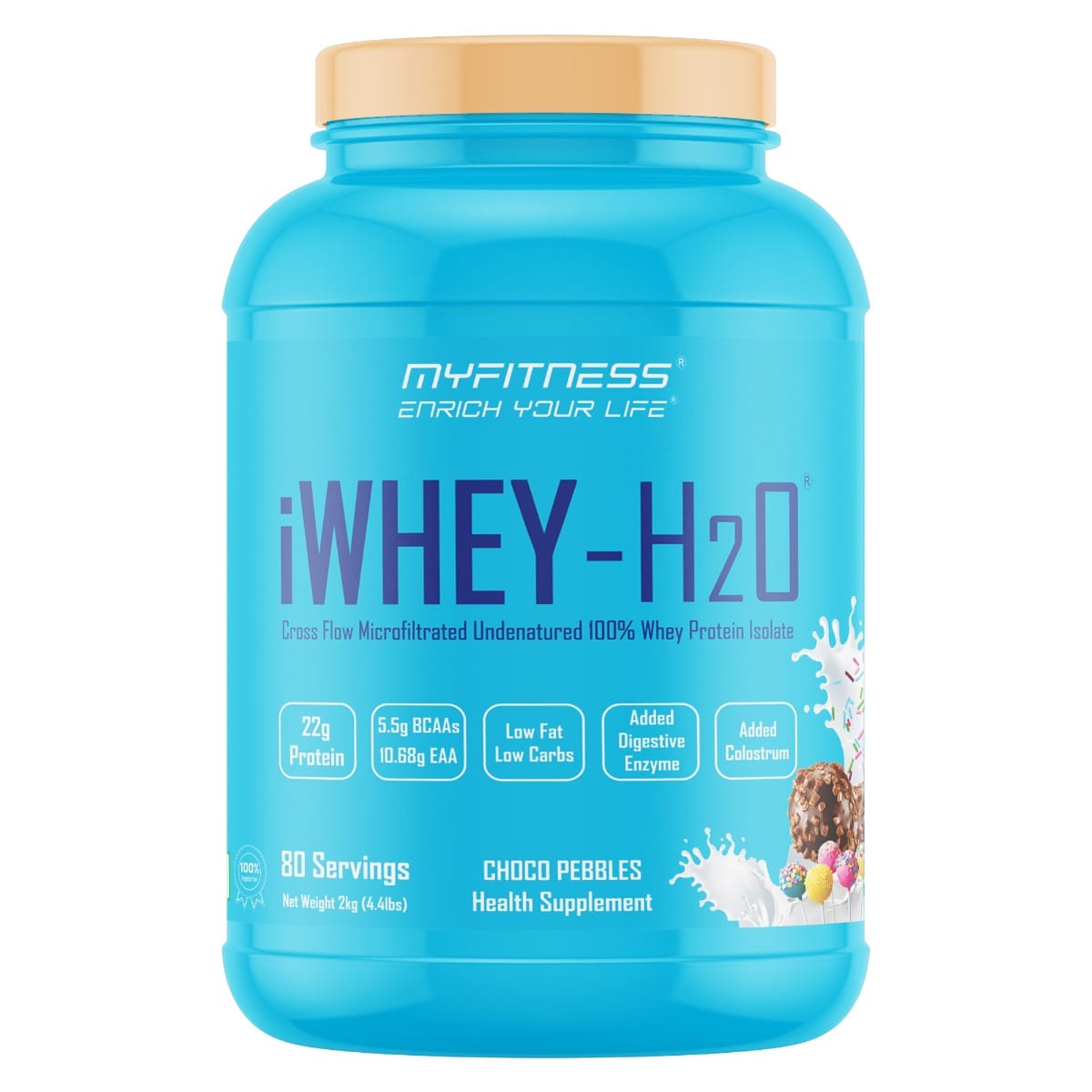 MYFITNESS ® iWHEY- H2O 80 Servings|Whey Protein Isolate| 88% Premium Whey Protein Isolate Per Serving|5.5g BCAA| 10.68g EAA| Added Digestive Enzyme|Added Colostrum |Low Fat Low Carbs|Choco P