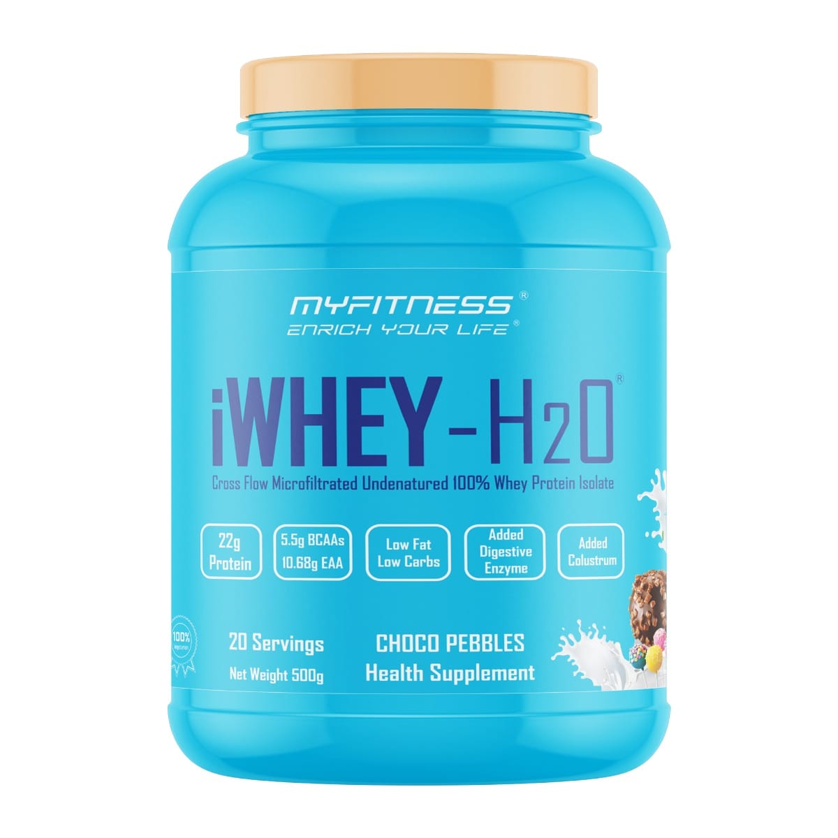 MYFITNESS ® iWHEY- H2O 20 Servings|Whey Protein Isolate| 88% Premium Whey Protein Isolate Per Serving|5.5g BCAA| 10.68g EAA| Added Digestive Enzyme|Added Colostrum |Low Fat Low Carbs| Choco