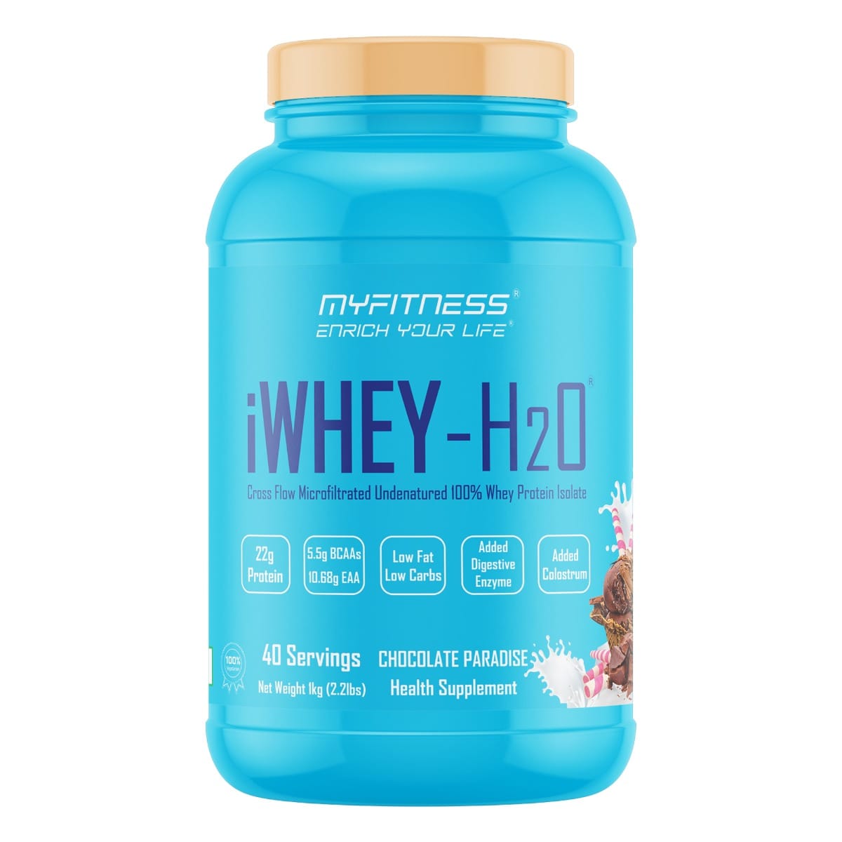 MYFITNESS ® iWHEY- H2O 40 Servings|Whey Protein Isolate| 88% Premium Whey Protein Isolate Per Serving|5.5g BCAA| 10.68g EAA| Added Digestive Enzyme|Added Colostrum |Low Fat Low Carbs|Chocola