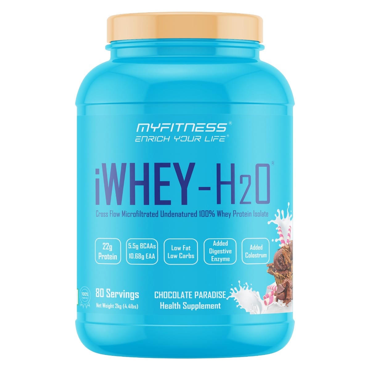 MYFITNESS ® iWHEY- H2O 80 Servings|Whey Protein Isolate| 88% Premium Whey Protein Isolate Per Serving|5.5g BCAA| 10.68g EAA| Added Digestive Enzyme|Added Colostrum |Low Fat Low Carbs|Chocola