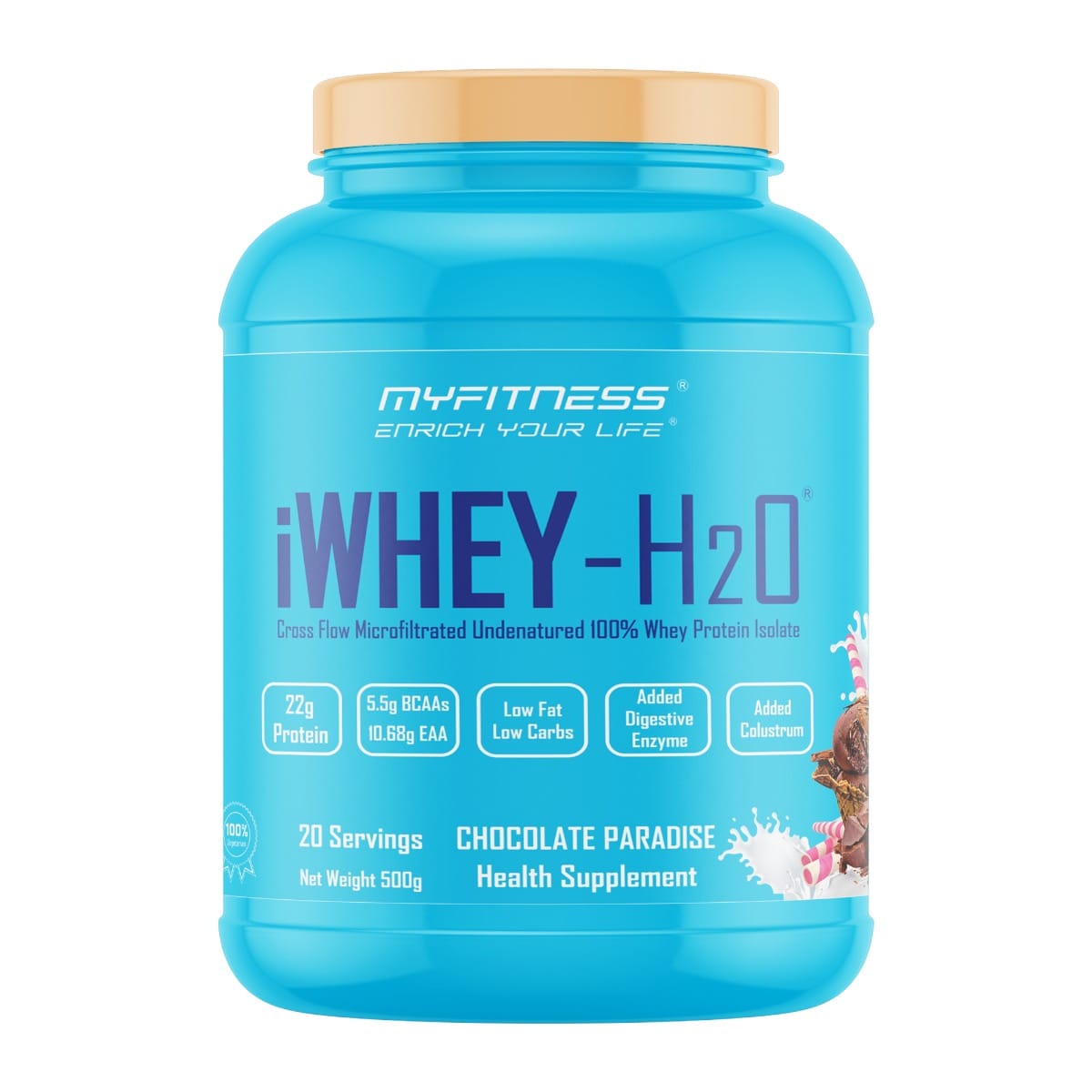 MYFITNESS ® iWHEY- H2O 20 Servings|Whey Protein Isolate| 88% Premium Whey Protein Isolate Per Serving|5.5g BCAA| 10.68g EAA| Added Digestive Enzyme|Added Colostrum |Low Fat Low Carbs|Chocola