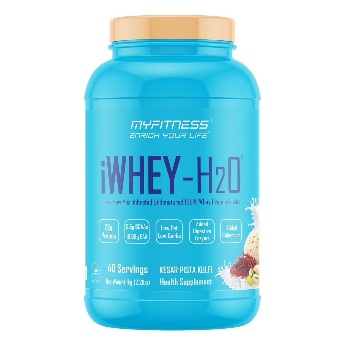 MYFITNESS ® iWHEY- H2O 40 Servings|Whey Protein Isolate| 88% Premium Whey Protein Isolate Per Serving|5.5g BCAA| 10.68g EAA| Added Digestive Enzyme|Added Colostrum |Low Fat Low Carbs|Kesar P