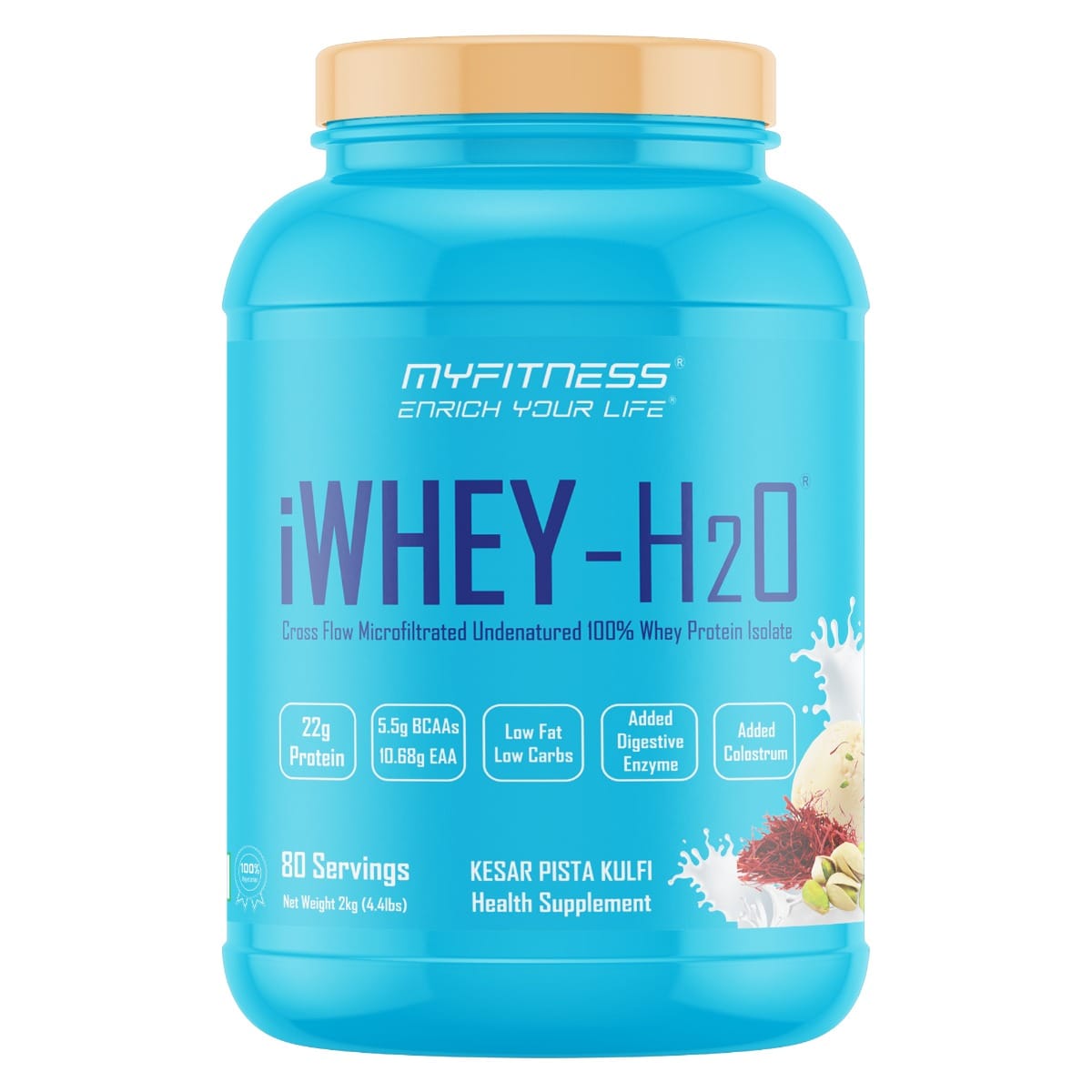 MYFITNESS ® iWHEY- H2O 80 Servings|Whey Protein Isolate| 88% Premium Whey Protein Isolate Per Serving|5.5g BCAA| 10.68g EAA| Added Digestive Enzyme|Added Colostrum |Low Fat Low Carbs|Kesar P