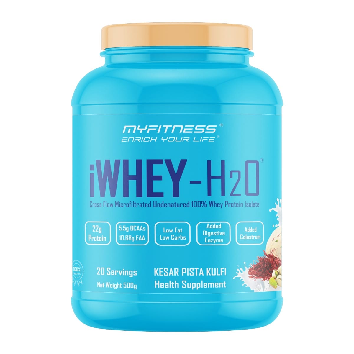 MYFITNESS ® iWHEY- H2O 20 Servings|Whey Protein Isolate| 88% Premium Whey Protein Isolate Per Serving|5.5g BCAA| 10.68g EAA| Added Digestive Enzyme|Added Colostrum |Low Fat Low Carbs|Kesar P