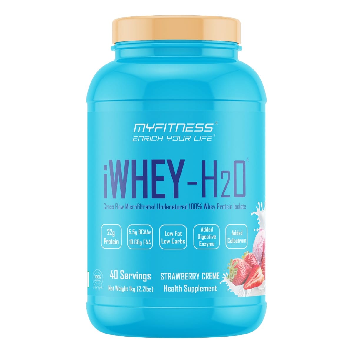 MYFITNESS ® iWHEY- H2O 40 Servings|Whey Protein Isolate| 88% Premium Whey Protein Isolate Per Serving|5.5g BCAA| 10.68g EAA| Added Digestive Enzyme|Added Colostrum |Low Fat Low Carbs|Strawbe