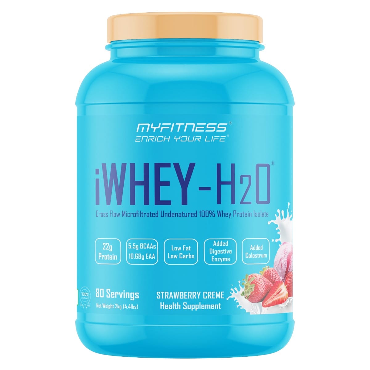 MYFITNESS ® iWHEY- H2O 80 Servings|Whey Protein Isolate| 88% Premium Whey Protein Isolate Per Serving|5.5g BCAA| 10.68g EAA| Added Digestive Enzyme|Added Colostrum |Low Fat Low Carbs|Strawbe
