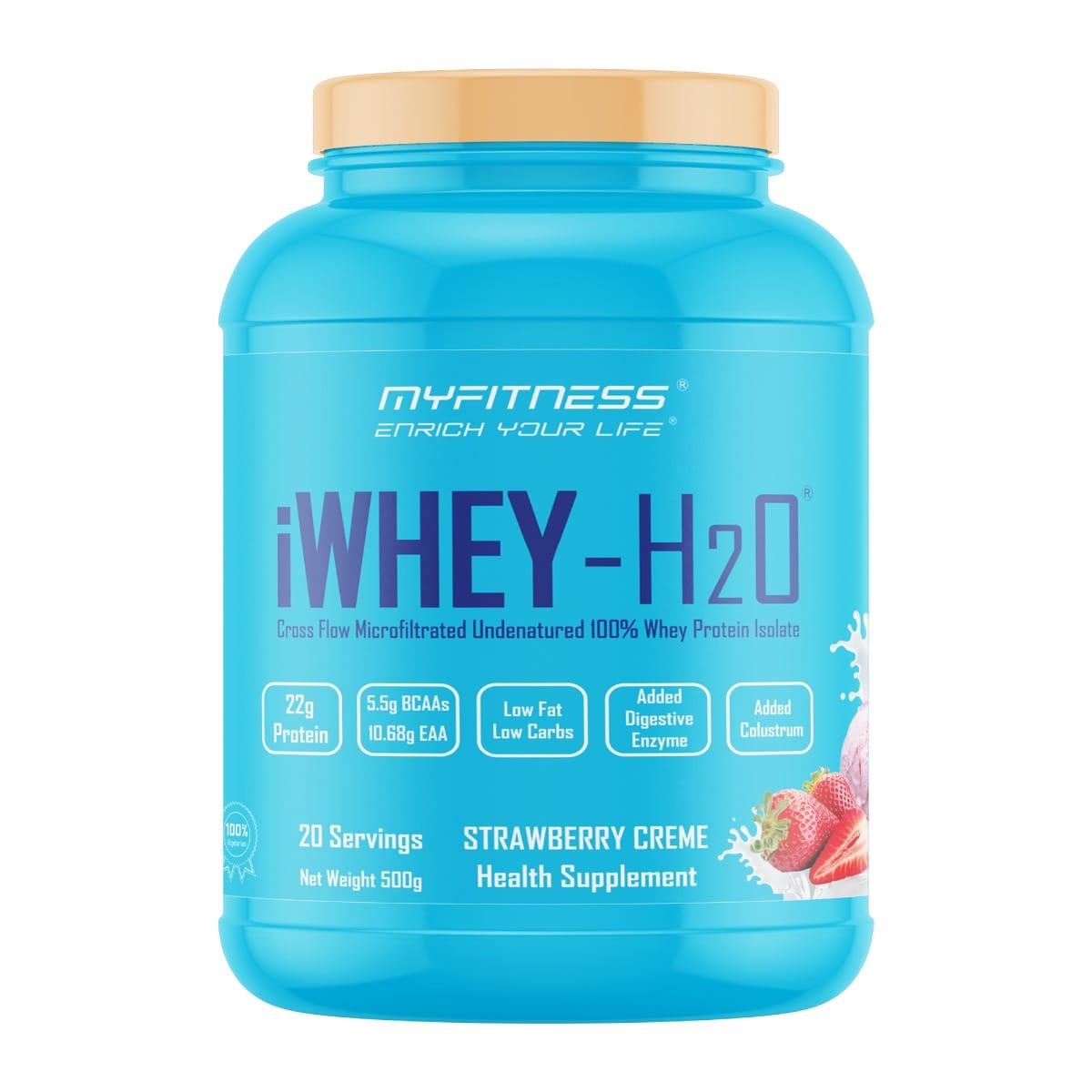 MYFITNESS ® iWHEY- H2O 20 Servings|Whey Protein Isolate| 88% Premium Whey Protein Isolate Per Serving|5.5g BCAA| 10.68g EAA| Added Digestive Enzyme|Added Colostrum |Low Fat Low Carbs|Strawbe