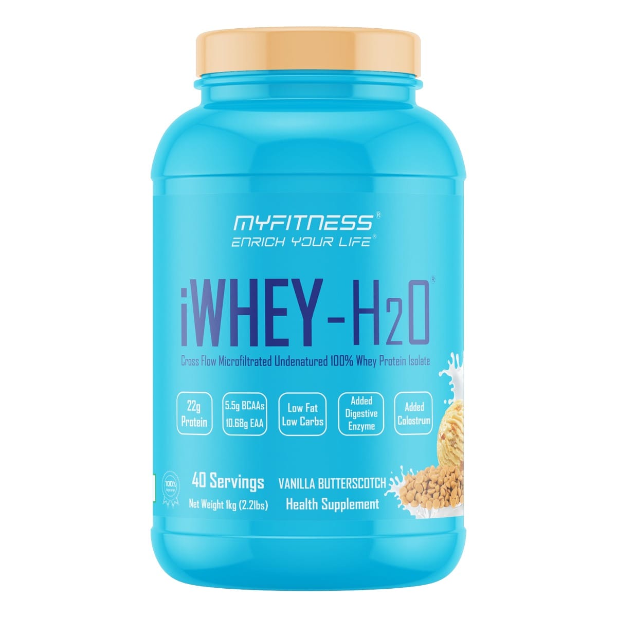 MYFITNESS ® iWHEY- H2O 40 Servings|Whey Protein Isolate| 88% Premium Whey Protein Isolate Per Serving|5.5g BCAA| 10.68g EAA| Added Digestive Enzyme|Added Colostrum |Low Fat Low Carbs|Vanilla