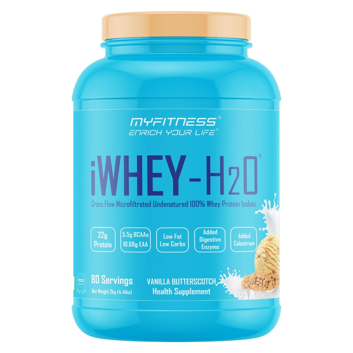 MYFITNESS ® iWHEY- H2O 80 Servings|Whey Protein Isolate| 88% Premium Whey Protein Isolate Per Serving|5.5g BCAA| 10.68g EAA| Added Digestive Enzyme|Added Colostrum |Low Fat Low Carbs|Vanilla