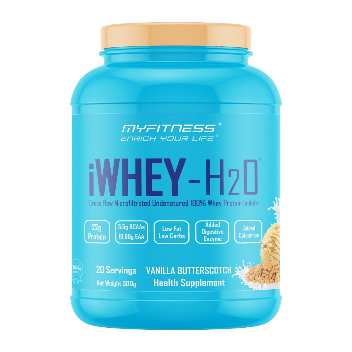 MYFITNESS ® iWHEY- H2O 20 Servings|Whey Protein Isolate| 88% Premium Whey Protein Isolate Per Serving|5.5g BCAA| 10.68g EAA| Added Digestive Enzyme|Added Colostrum |Low Fat Low Carbs|Vanilla